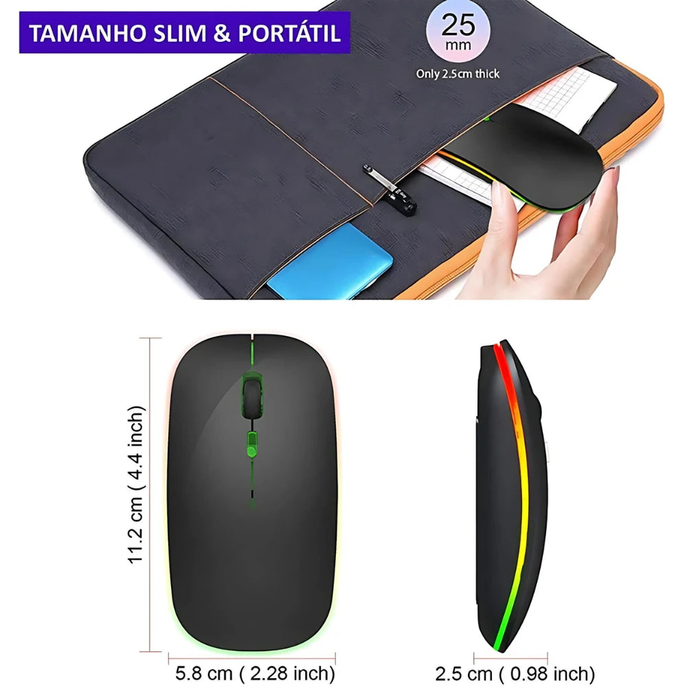 Mouse Wireless Recarregável RGB 2.4GHz – Silencioso, Confortável e Sem Pilhas  Chega de cliques barulhentos, fios atrapalhando e pilhas acabando no pior momento.