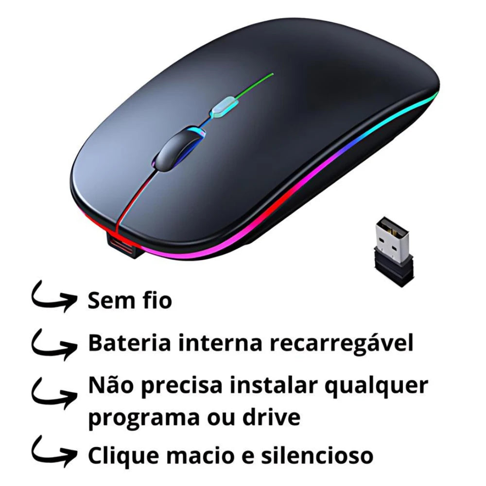 Mouse Wireless Recarregável RGB 2.4GHz – Silencioso, Confortável e Sem Pilhas  Chega de cliques barulhentos, fios atrapalhando e pilhas acabando no pior momento.