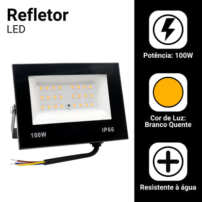 Refletor LED 100W Bivolt IP66 – Iluminação Forte e Econômica para Áreas Externas
