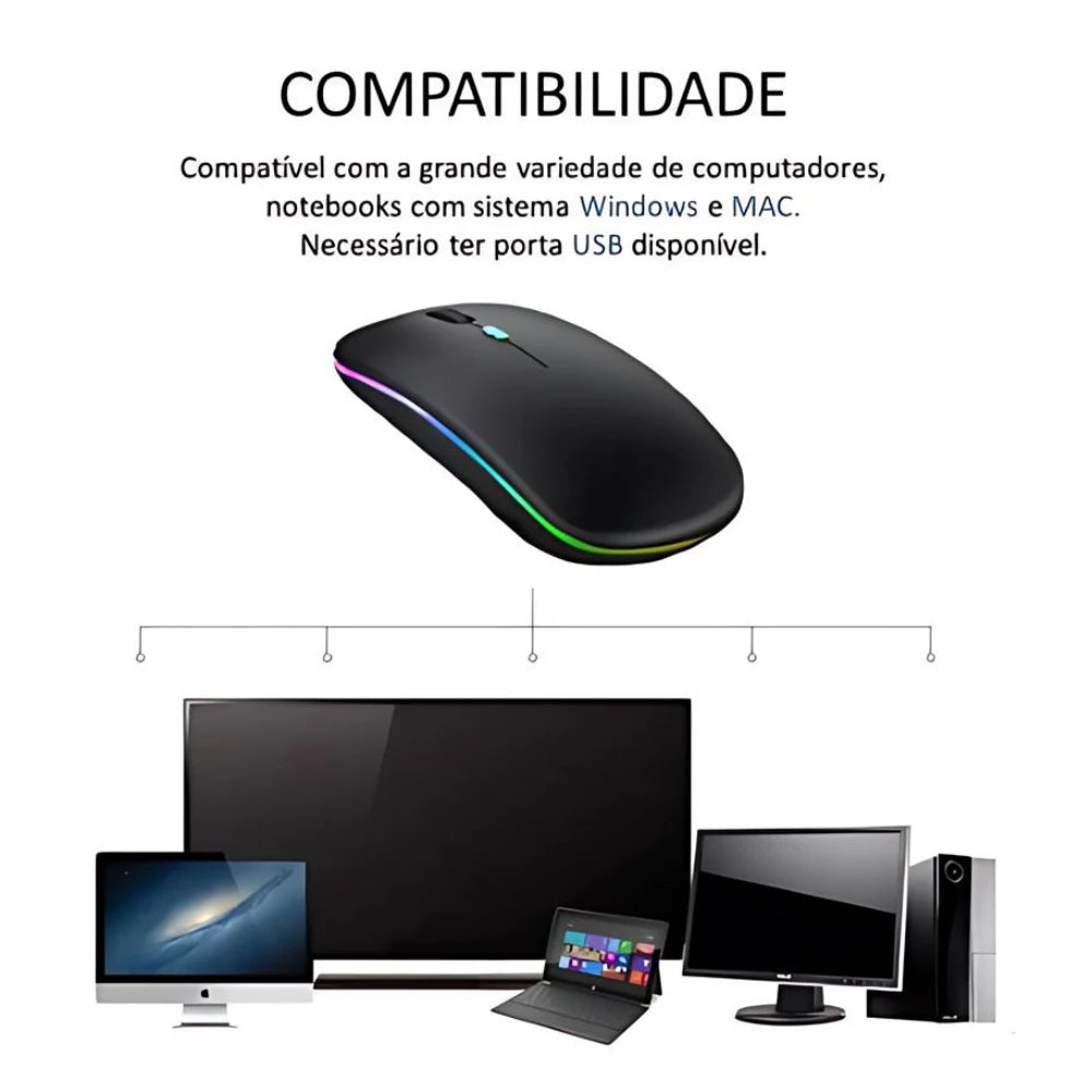 Mouse Wireless Recarregável RGB 2.4GHz – Silencioso, Confortável e Sem Pilhas  Chega de cliques barulhentos, fios atrapalhando e pilhas acabando no pior momento.