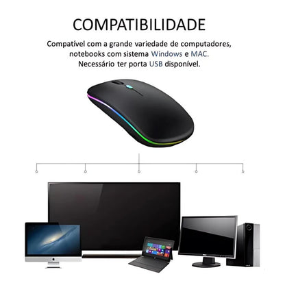 Mouse Wireless Recarregável RGB 2.4GHz – Silencioso, Confortável e Sem Pilhas  Chega de cliques barulhentos, fios atrapalhando e pilhas acabando no pior momento.