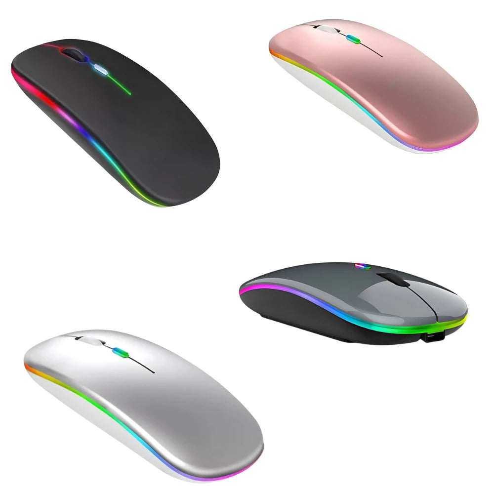Mouse Wireless Recarregável RGB 2.4GHz – Silencioso, Confortável e Sem Pilhas  Chega de cliques barulhentos, fios atrapalhando e pilhas acabando no pior momento.