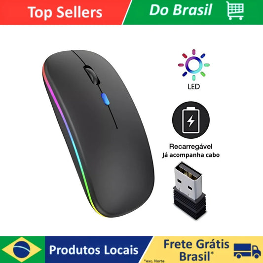 Mouse Wireless Recarregável RGB 2.4GHz – Silencioso, Confortável e Sem Pilhas  Chega de cliques barulhentos, fios atrapalhando e pilhas acabando no pior momento.