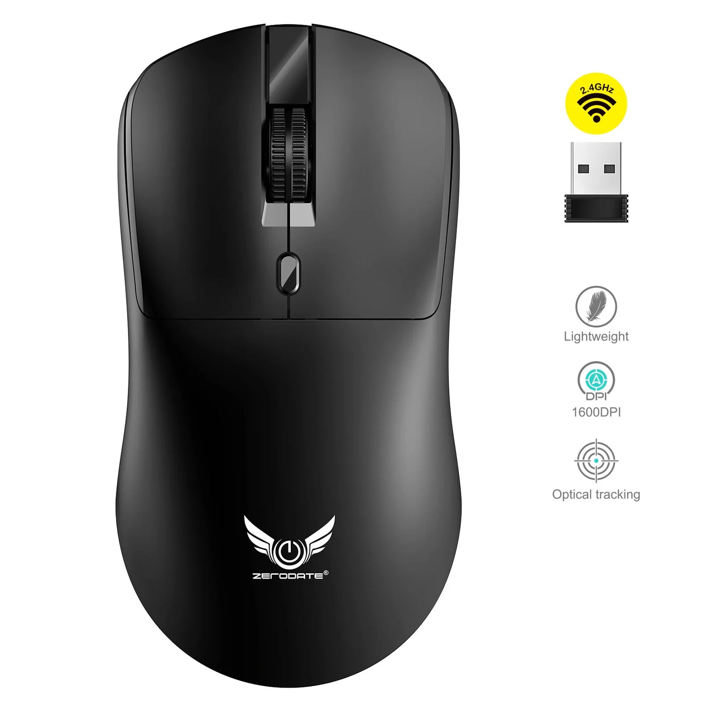 Mouse sem fio 2.4G ergonômico, ajustável, 800-1200-1600 DPI, leve e recarregável, para escritório e jogos, compatível com PC, notebook e MacBook Pro.