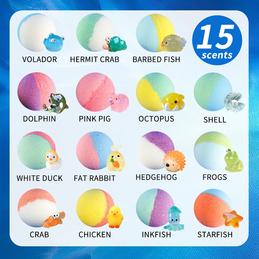 Bombas de Banho para Crianças com Surpresa Dentro, Kit com 15 Bombas de Banho Infantis, Espuma Efervescente Natural e Orgânica com Brinquedo de Banho