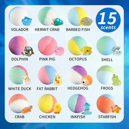 Bombas de Banho para Crianças com Surpresa Dentro, Kit com 15 Bombas de Banho Infantis, Espuma Efervescente Natural e Orgânica com Brinquedo de Banho