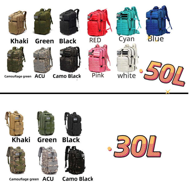 Mochila Tática Outdoor 30L / 50L – Impermeável em Nylon 1000D