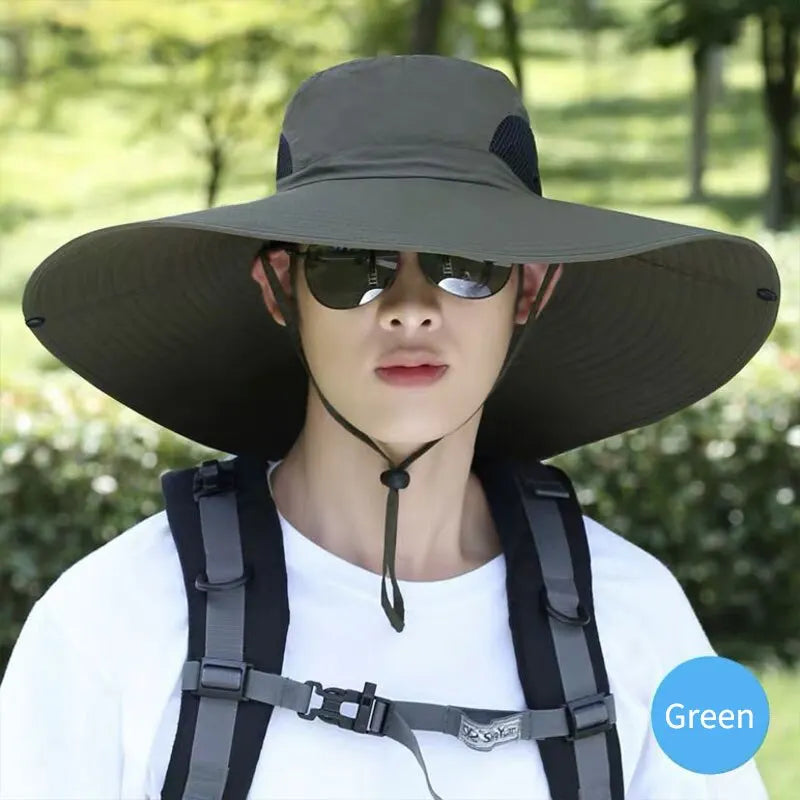 Chapéu de sol de poliéster com aba larga, proteção UV, respirável com tela (mesh), dobrável, para homens e mulheres, ideal para atividades ao ar livre como pesca, trilha e praia.