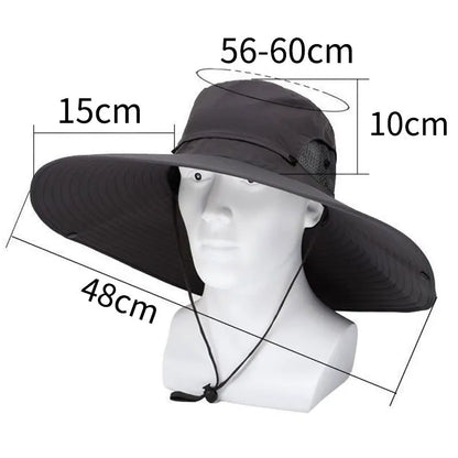 Chapéu de sol de poliéster com aba larga, proteção UV, respirável com tela (mesh), dobrável, para homens e mulheres, ideal para atividades ao ar livre como pesca, trilha e praia.