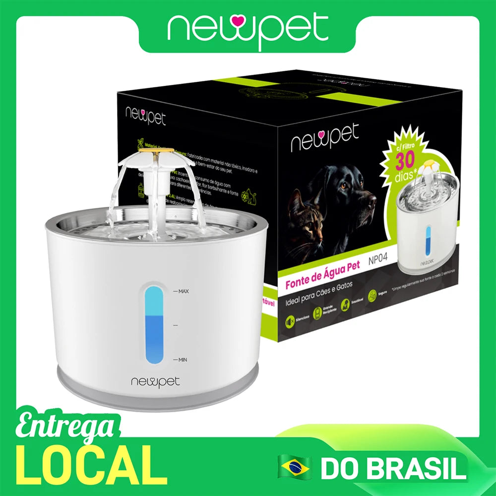 Fonte de Água Automática Newpet 2,4L com LED – Bebedouro Elétrico para Gatos e Cães