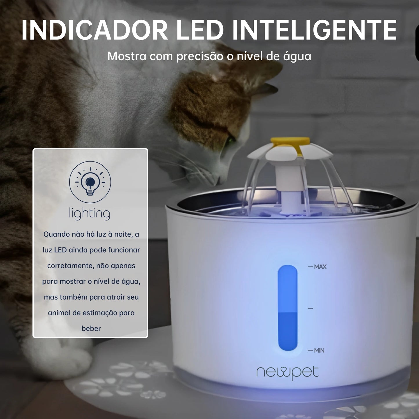 Fonte de Água Automática Newpet 2,4L com LED – Bebedouro Elétrico para Gatos e Cães