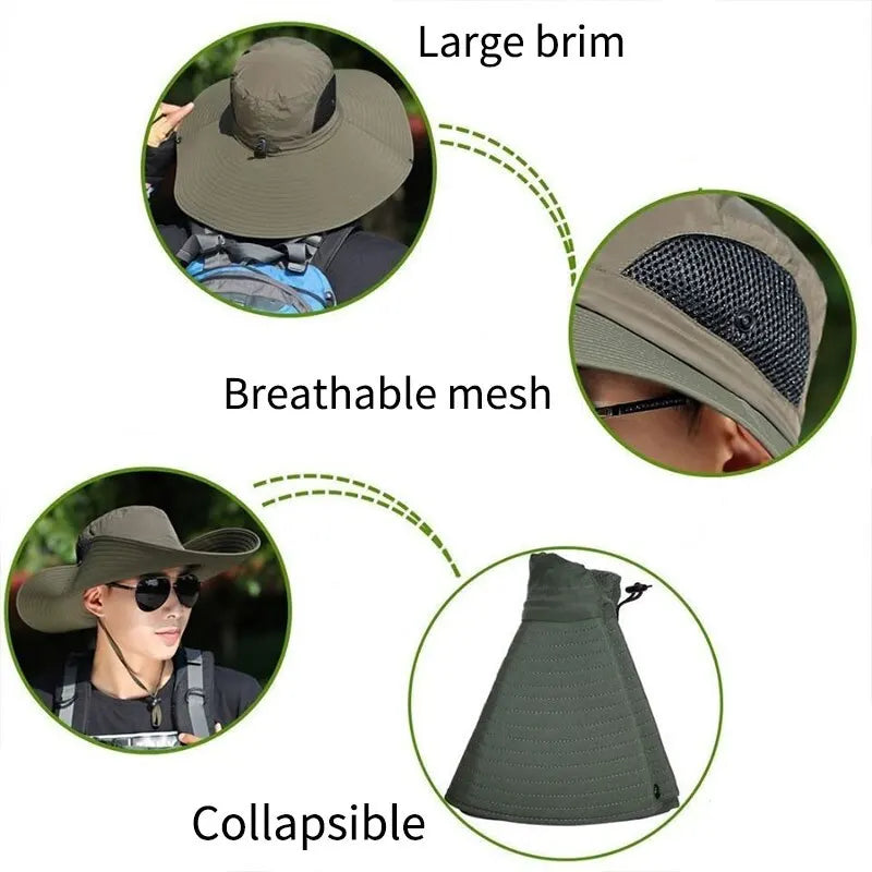 Chapéu de sol de poliéster com aba larga, proteção UV, respirável com tela (mesh), dobrável, para homens e mulheres, ideal para atividades ao ar livre como pesca, trilha e praia.