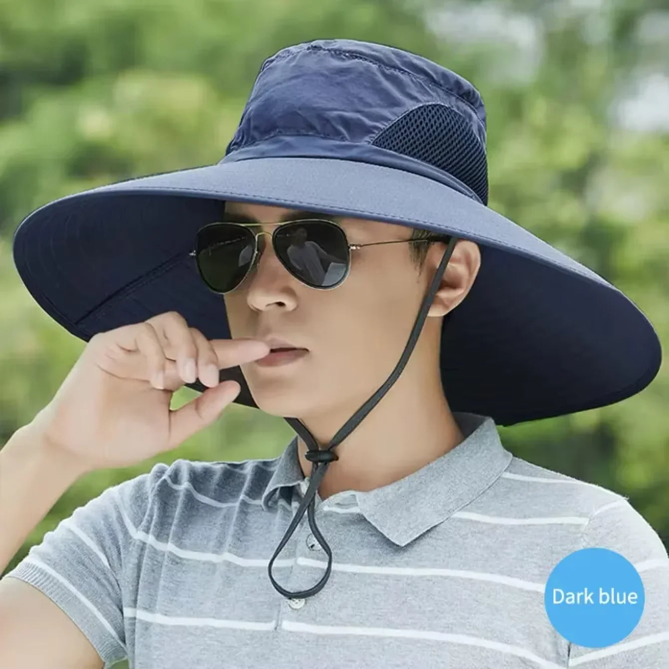 Chapéu de sol de poliéster com aba larga, proteção UV, respirável com tela (mesh), dobrável, para homens e mulheres, ideal para atividades ao ar livre como pesca, trilha e praia.