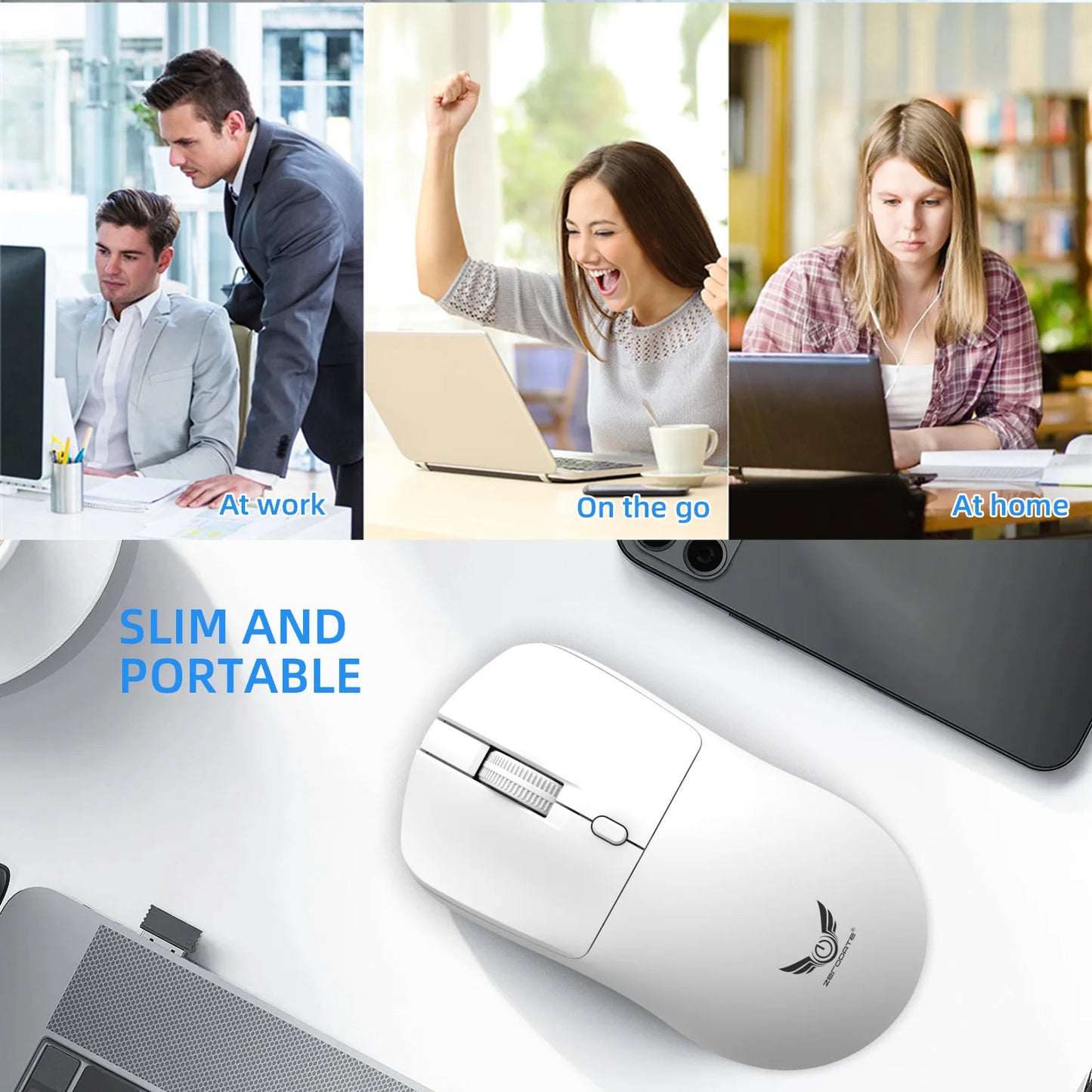 Mouse sem fio 2.4G ergonômico, ajustável, 800-1200-1600 DPI, leve e recarregável, para escritório e jogos, compatível com PC, notebook e MacBook Pro.
