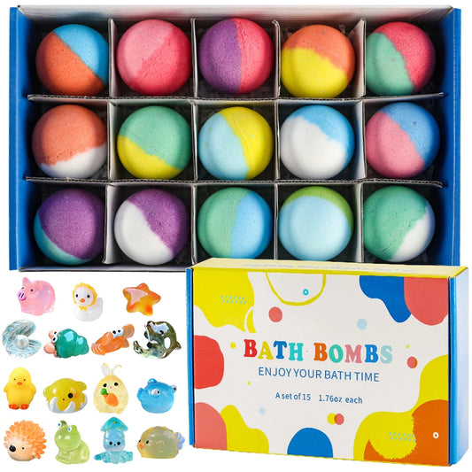 Bombas de Banho para Crianças com Surpresa Dentro, Kit com 15 Bombas de Banho Infantis, Espuma Efervescente Natural e Orgânica com Brinquedo de Banho
