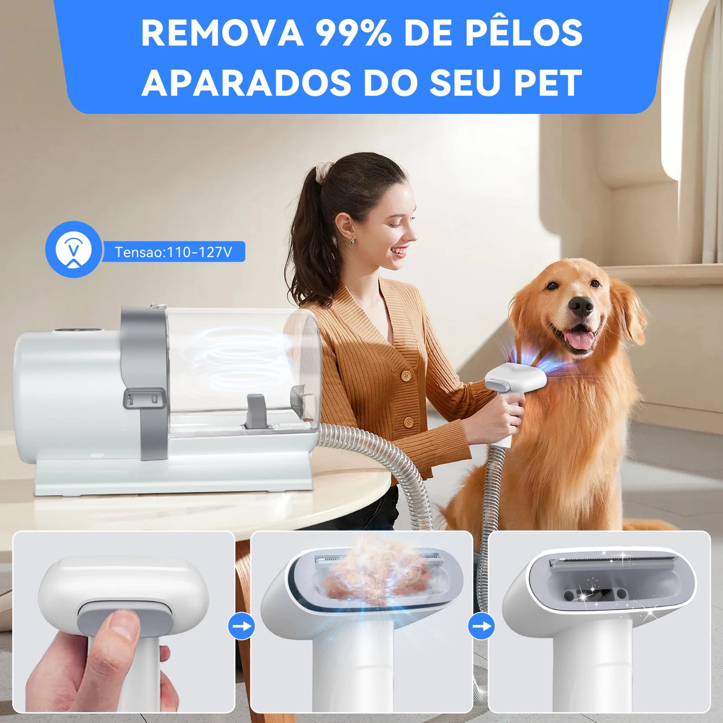 Kit de Higiene Pet com Aspirador NewPet 2,5L – Baixo Ruído e 7 Ferramentas de Grooming