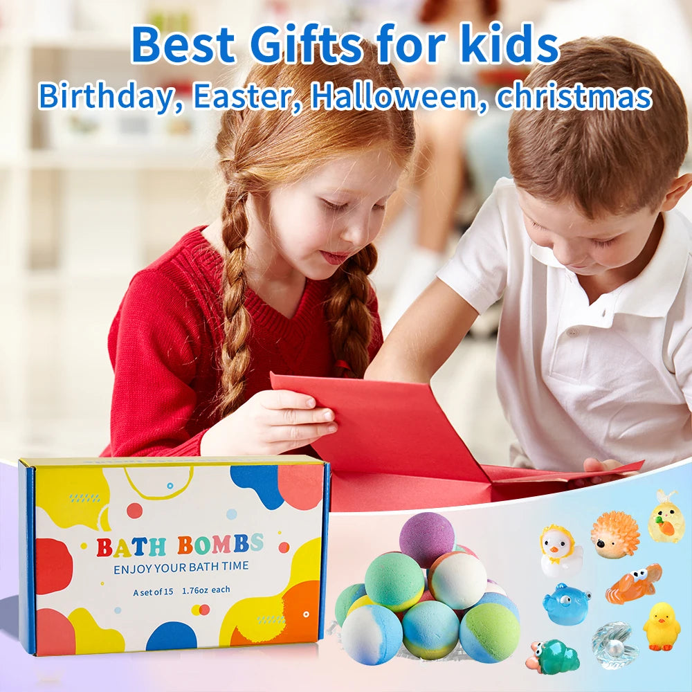 Bombas de Banho para Crianças com Surpresa Dentro, Kit com 15 Bombas de Banho Infantis, Espuma Efervescente Natural e Orgânica com Brinquedo de Banho