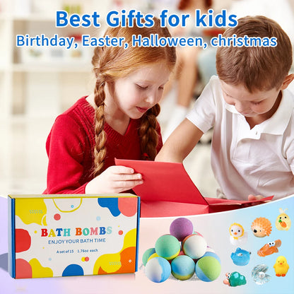 Bombas de Banho para Crianças com Surpresa Dentro, Kit com 15 Bombas de Banho Infantis, Espuma Efervescente Natural e Orgânica com Brinquedo de Banho