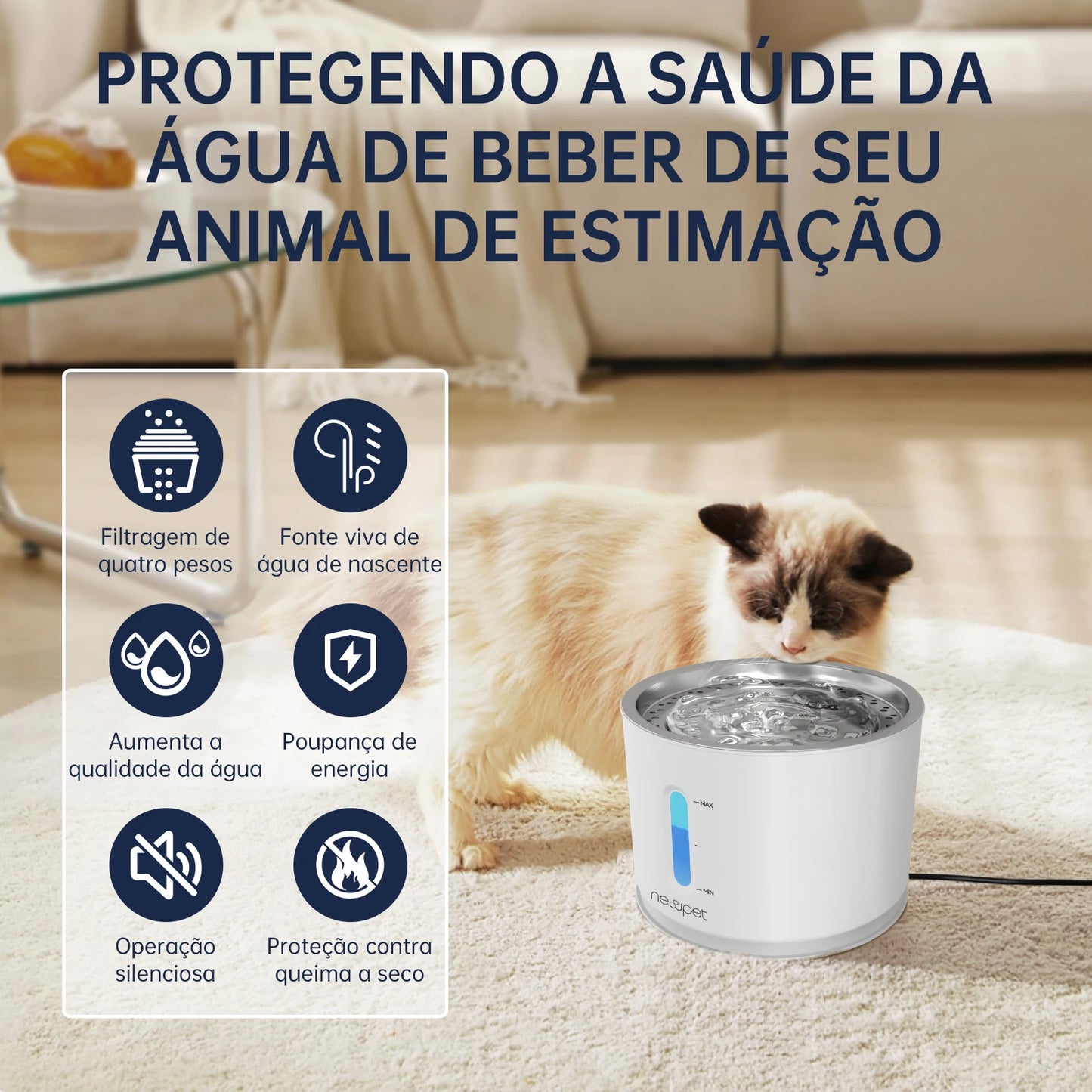 Fonte de Água Automática Newpet 2,4L com LED – Bebedouro Elétrico para Gatos e Cães