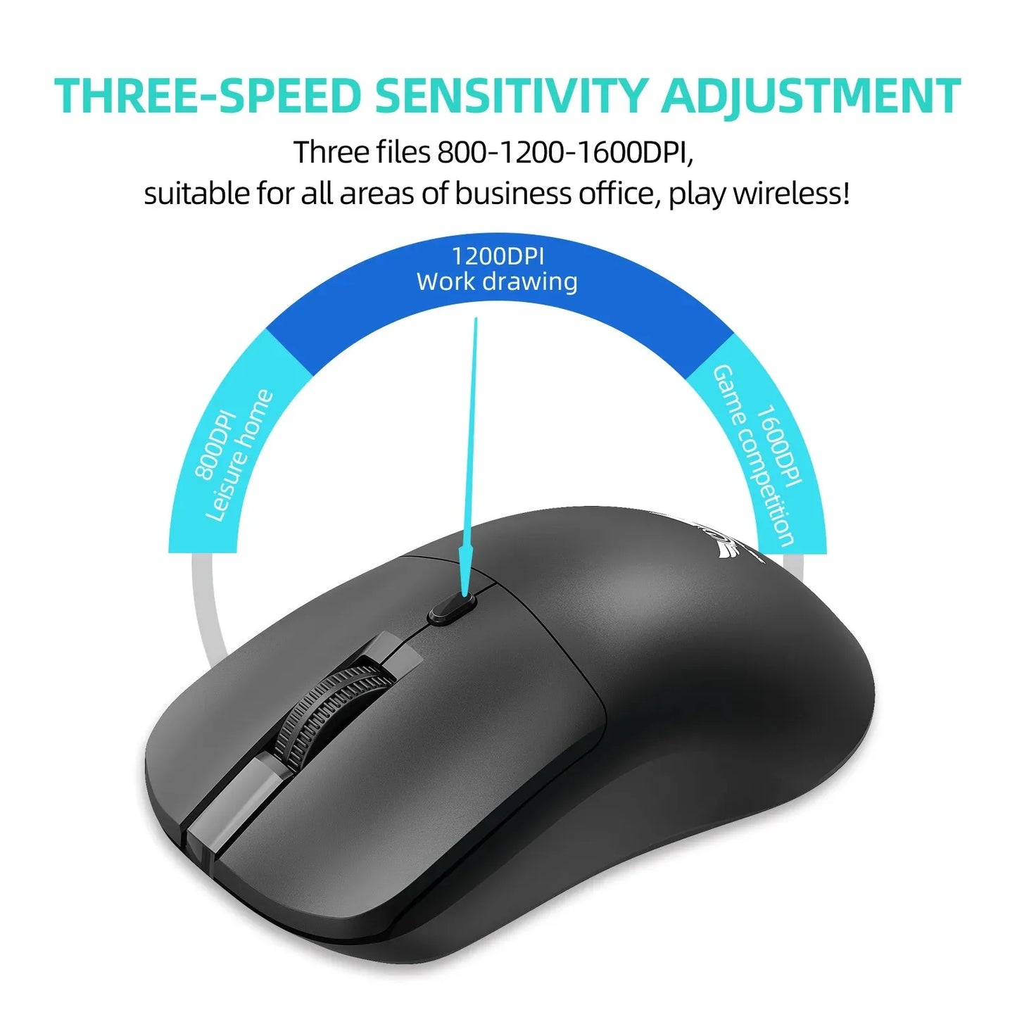 Mouse sem fio 2.4G ergonômico, ajustável, 800-1200-1600 DPI, leve e recarregável, para escritório e jogos, compatível com PC, notebook e MacBook Pro.