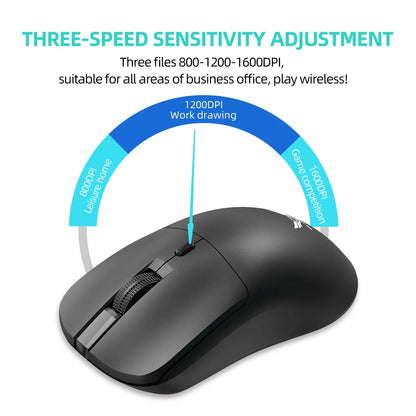 Mouse sem fio 2.4G ergonômico, ajustável, 800-1200-1600 DPI, leve e recarregável, para escritório e jogos, compatível com PC, notebook e MacBook Pro.